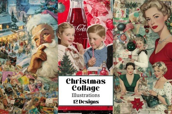 12 Christmas Collage Old Fashioned Illus for Illustrations