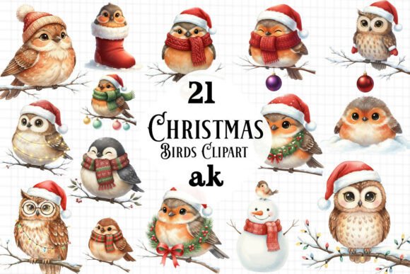 Christmas Birds Clipart Sublimation Illustrations