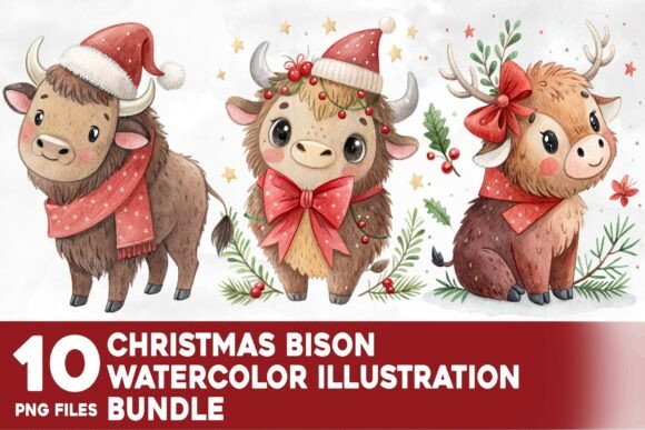 Christmas Bison Watercolor Bundle: Seasonal Illustrations for Editorial Design