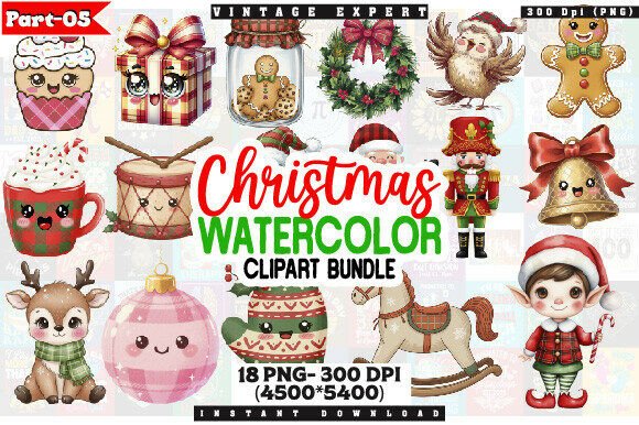 Christmas Watercolor PNG Clipart Bundle: Illustrations for Handmade Creators