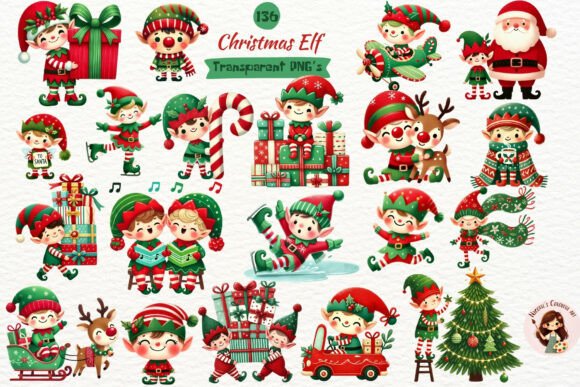Cute Christmas Elves Clipart Bundle for Illustrations