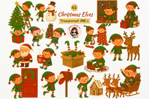 Watercolor Christmas Elves Clipart PNG for Illustrations