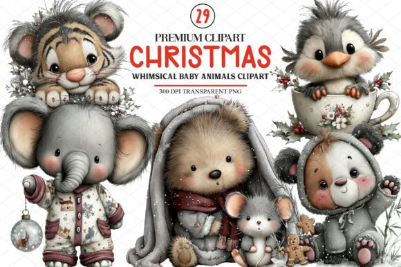 Whimsical Christmas Baby Animals Clipart for Brand Illustrations